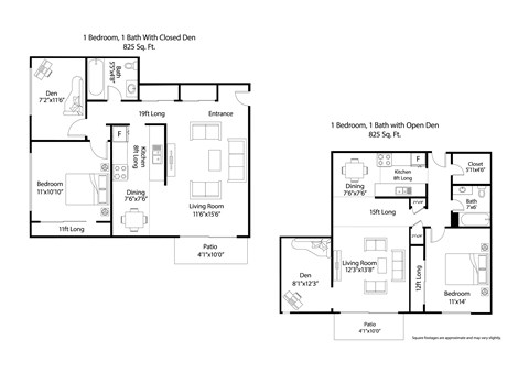 Floor plan for 1 bed, 1 bath, 825 sqft